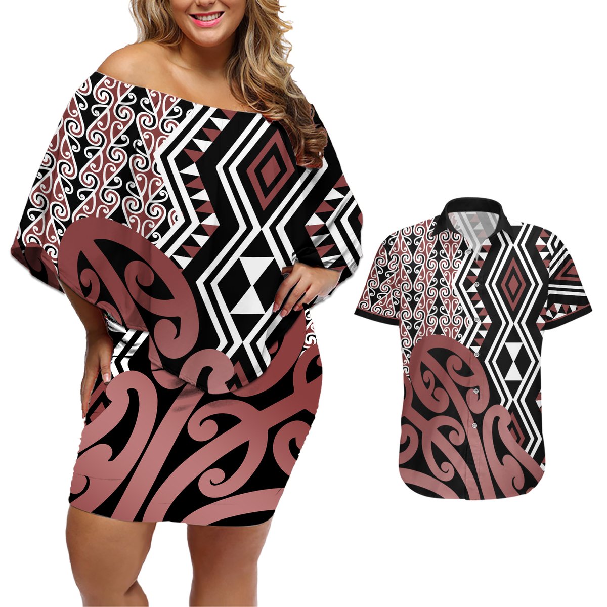 New Zealand Couples Matching Off Shoulder Short Dress and Hawaiian Shirt Aotearoa Kowhaiwhai Mix Taniko Art LT14 Brown - Polynesian Pride