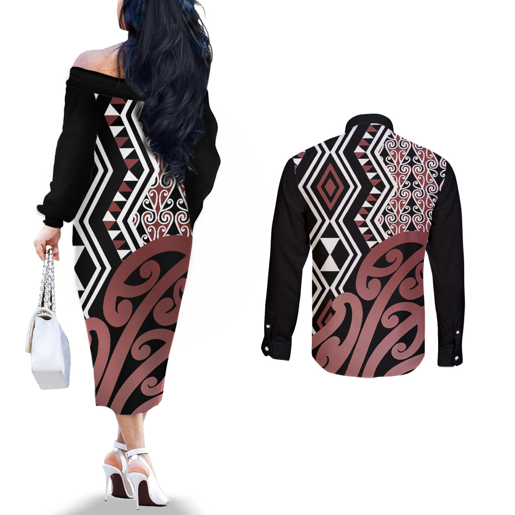 New Zealand Couples Matching Off The Shoulder Long Sleeve Dress and Long Sleeve Button Shirt Aotearoa Kowhaiwhai Mix Taniko Art LT14 - Polynesian Pride