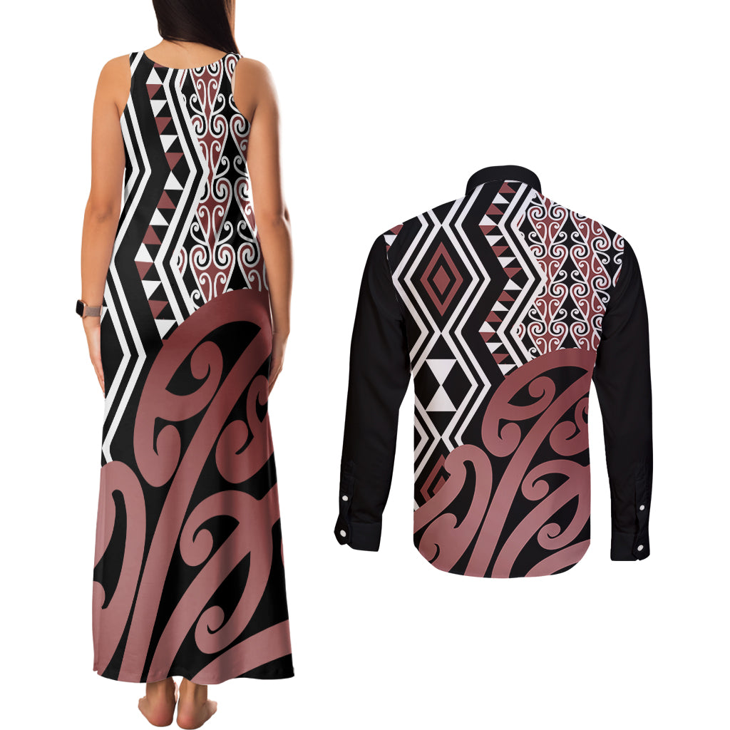 New Zealand Couples Matching Tank Maxi Dress and Long Sleeve Button Shirt Aotearoa Kowhaiwhai Mix Taniko Art LT14 - Polynesian Pride