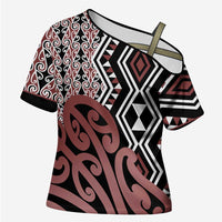 New Zealand Cross Shoulder Shirt Aotearoa Kowhaiwhai Mix Taniko Art - Polynesian Pride
