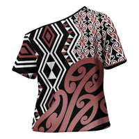 New Zealand Cross Shoulder Shirt Aotearoa Kowhaiwhai Mix Taniko Art - Polynesian Pride
