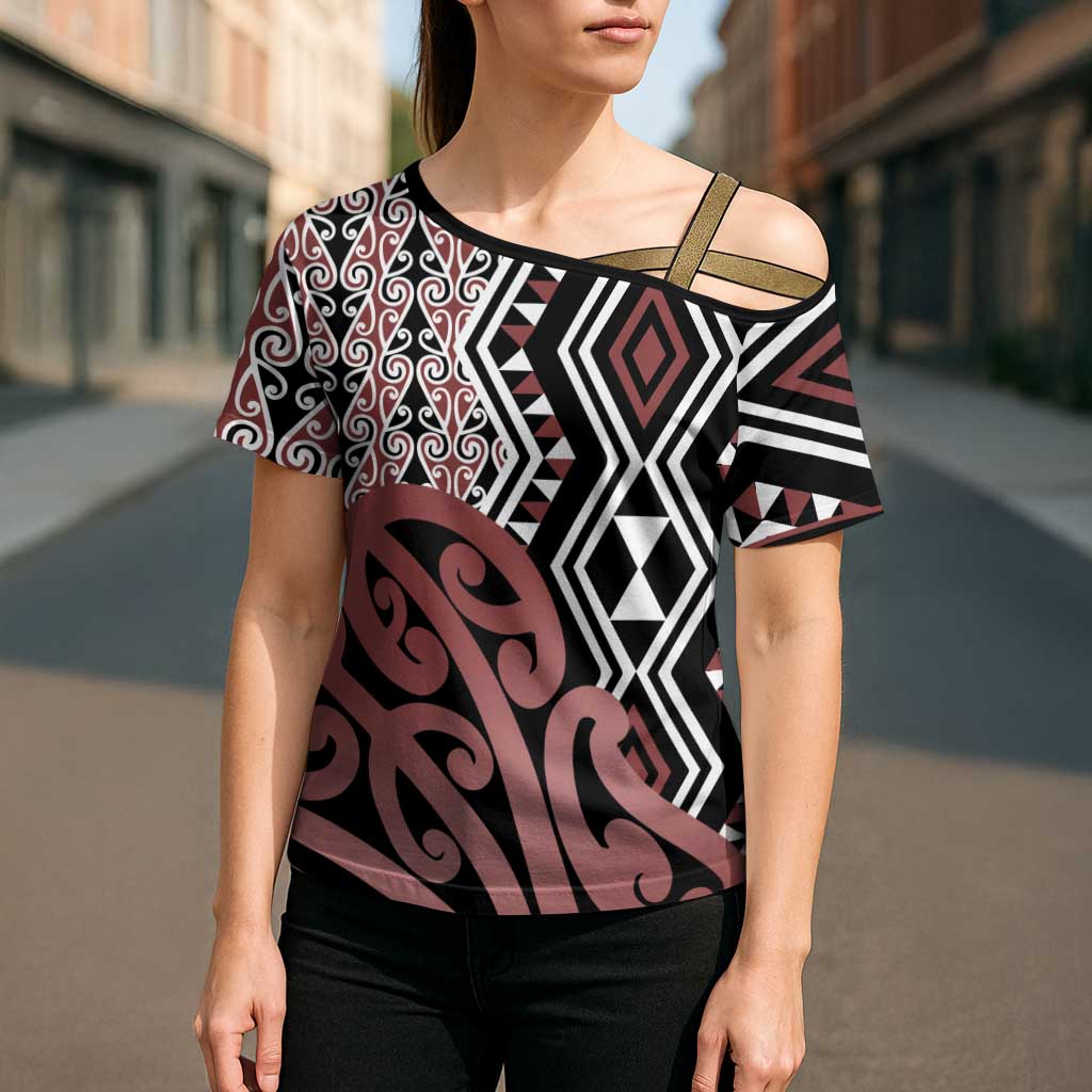 New Zealand Cross Shoulder Shirt Aotearoa Kowhaiwhai Mix Taniko Art - Polynesian Pride