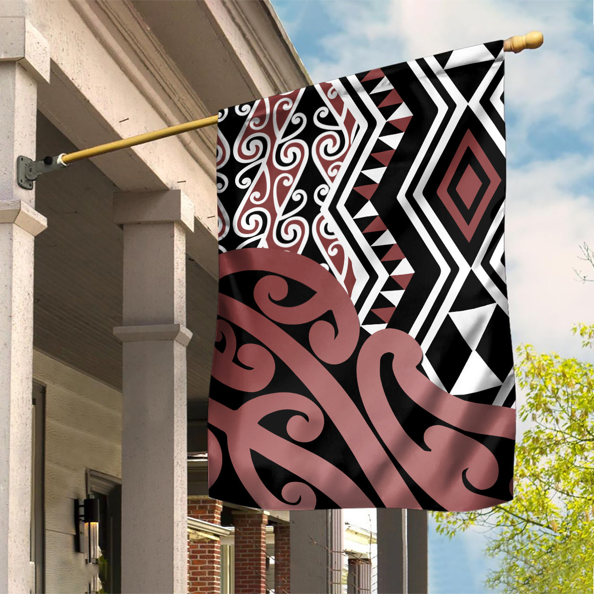 New Zealand Garden Flag Aotearoa Kowhaiwhai Mix Taniko Art LT14 House Flag Brown - Polynesian Pride