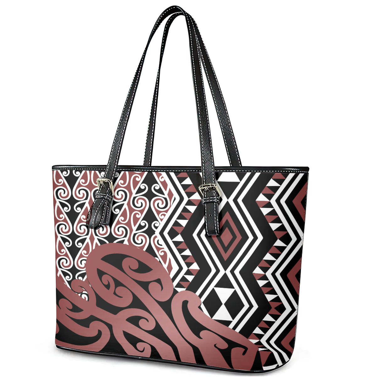 New Zealand Leather Tote Bag Aotearoa Kowhaiwhai Mix Taniko Art LT14 - Polynesian Pride