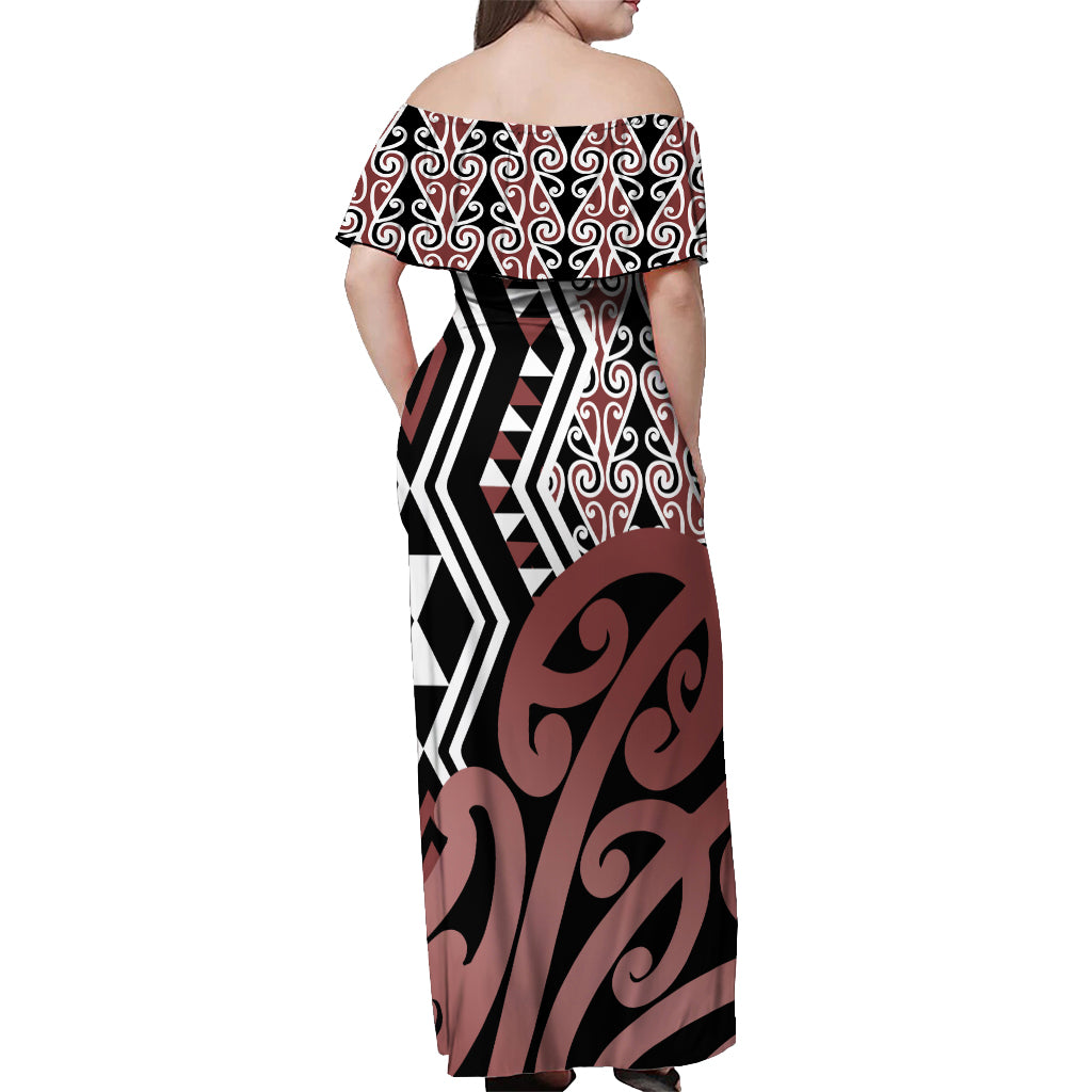 New Zealand Off Shoulder Maxi Dress Aotearoa Kowhaiwhai Mix Taniko Art LT14 - Polynesian Pride