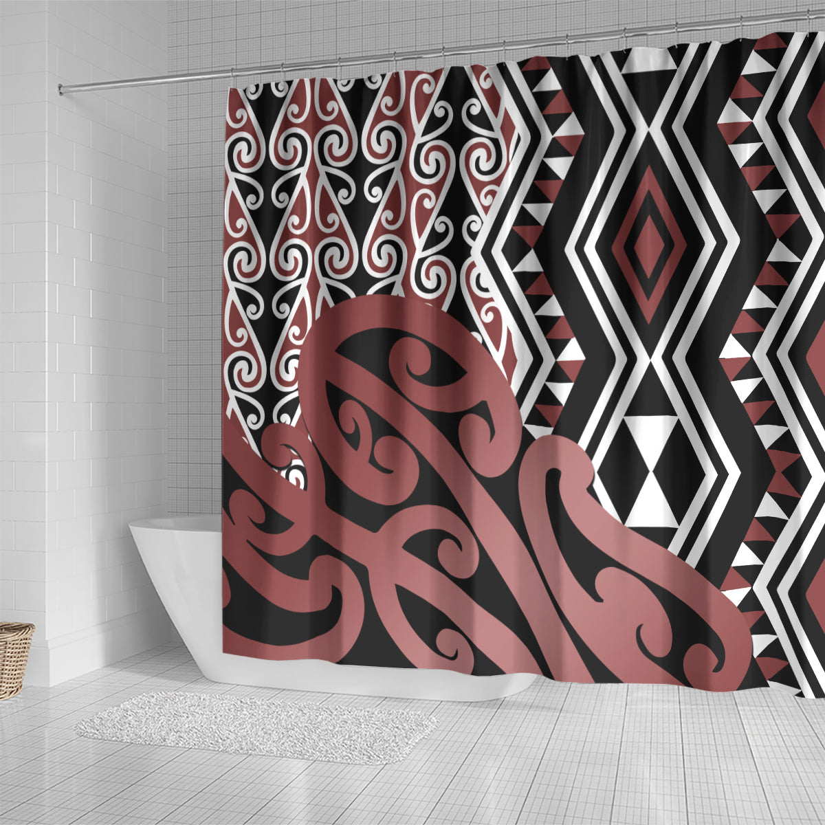 New Zealand Shower Curtain Aotearoa Kowhaiwhai Mix Taniko Art LT14 - Polynesian Pride