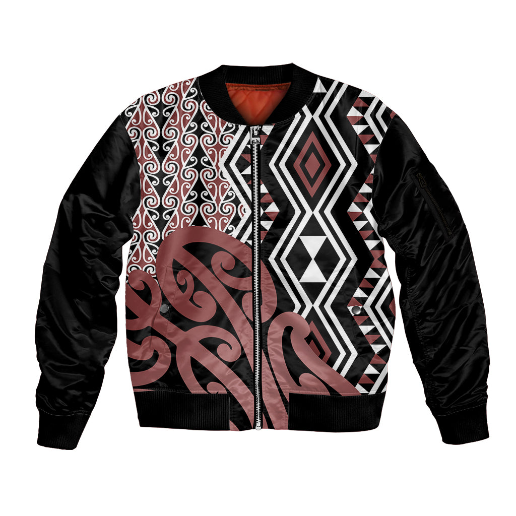 New Zealand Sleeve Zip Bomber Jacket Aotearoa Kowhaiwhai Mix Taniko Art LT14 Unisex Brown - Polynesian Pride