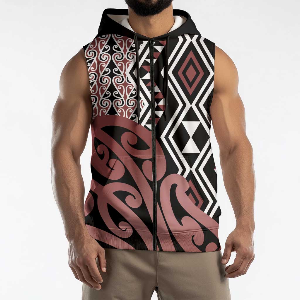 New Zealand Sleeveless Zip Hoodie Aotearoa Kowhaiwhai Mix Taniko Art - Polynesian Pride