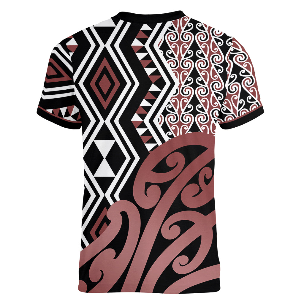 New Zealand Women V Neck T Shirt Aotearoa Kowhaiwhai Mix Taniko Art LT14 - Polynesian Pride