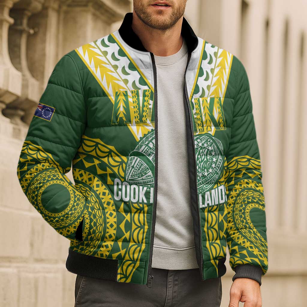 Custom Avaiki Cook Islands Rugby Bomber Puffer Jacket Kuki Airani Tatau Green LT14 - Polynesian Pride