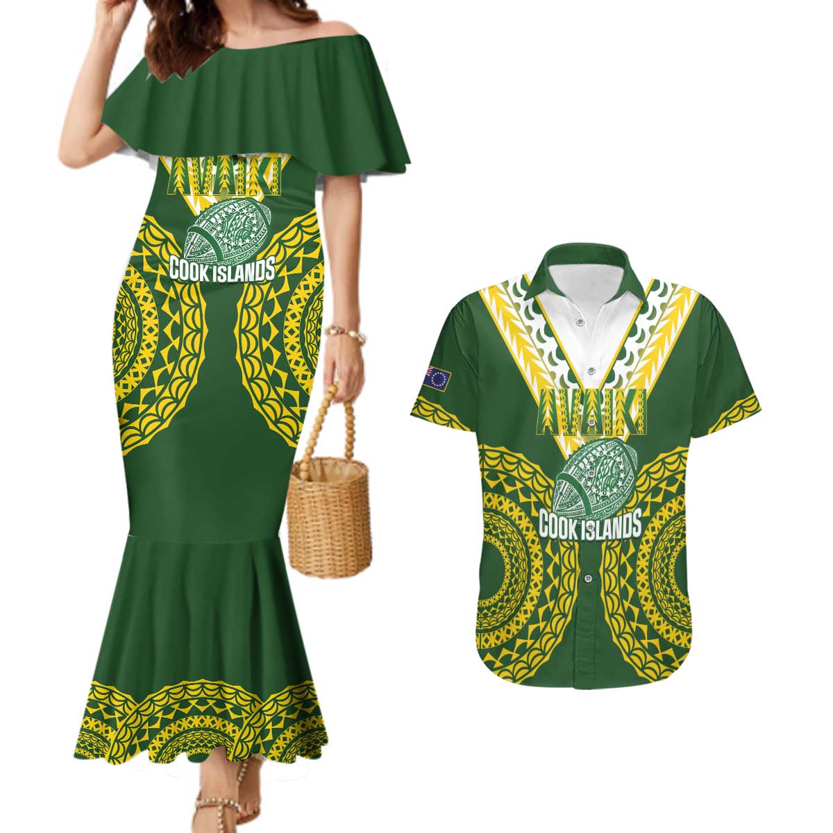 Custom Avaiki Cook Islands Rugby Couples Matching Mermaid Dress and Hawaiian Shirt Kuki Airani Tatau Green - Polynesian Pride