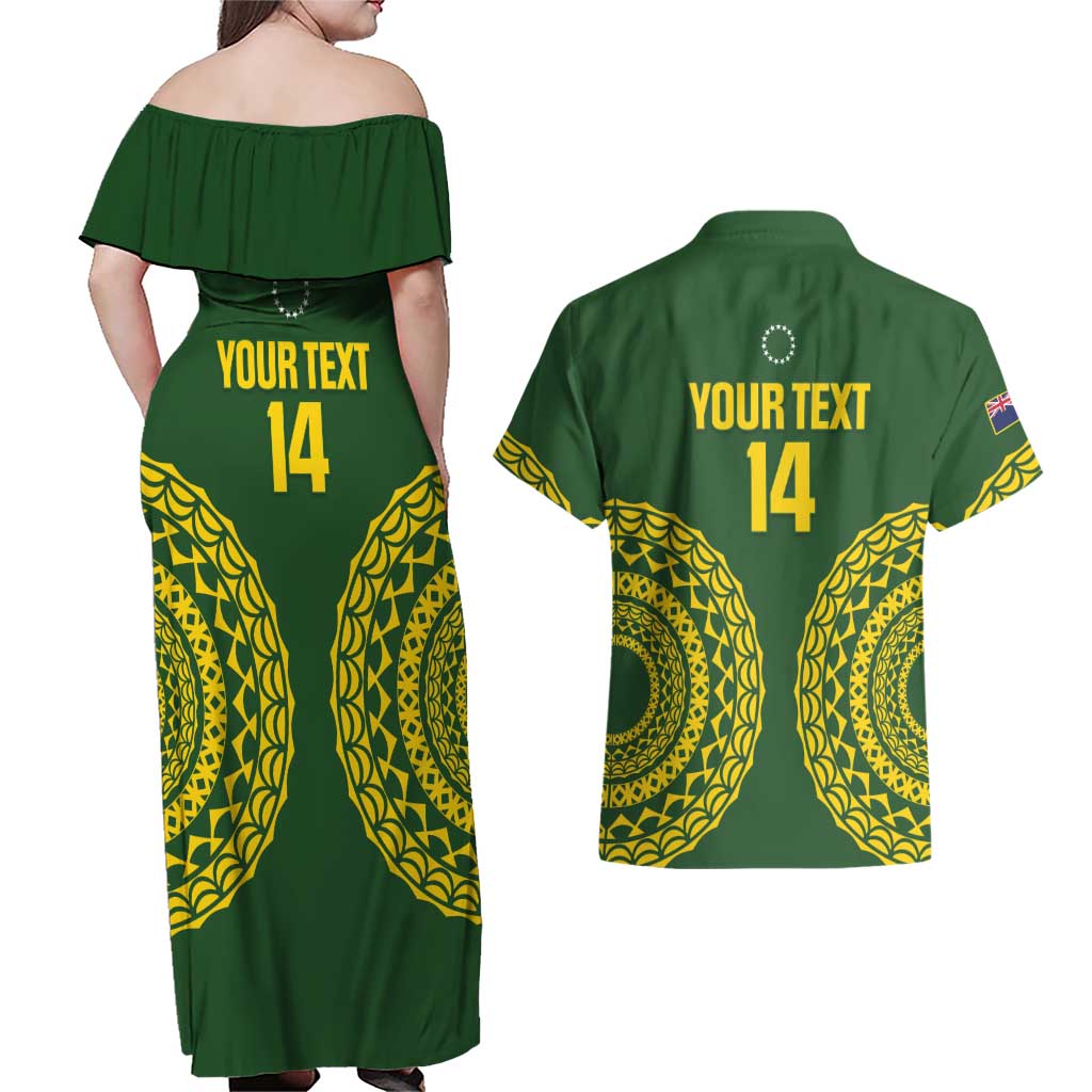 Custom Avaiki Cook Islands Rugby Couples Matching Off Shoulder Maxi Dress and Hawaiian Shirt Kuki Airani Tatau Green - Polynesian Pride