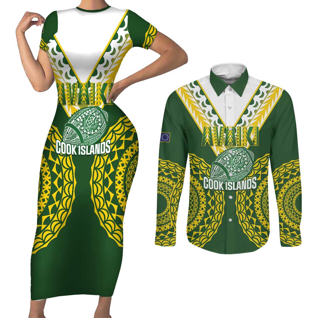 Custom Avaiki Cook Islands Rugby Couples Matching Short Sleeve Bodycon Dress and Long Sleeve Button Shirt Kuki Airani Tatau Green - Polynesian Pride