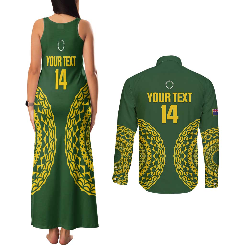 Custom Avaiki Cook Islands Rugby Couples Matching Tank Maxi Dress and Long Sleeve Button Shirt Kuki Airani Tatau Green - Polynesian Pride