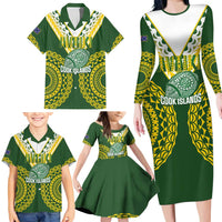 Custom Avaiki Cook Islands Rugby Family Matching Long Sleeve Bodycon Dress and Hawaiian Shirt Kuki Airani Tatau Green - Polynesian Pride
