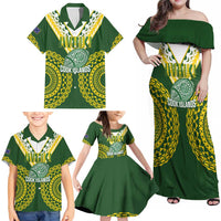 Custom Avaiki Cook Islands Rugby Family Matching Off Shoulder Maxi Dress and Hawaiian Shirt Kuki Airani Tatau Green - Polynesian Pride