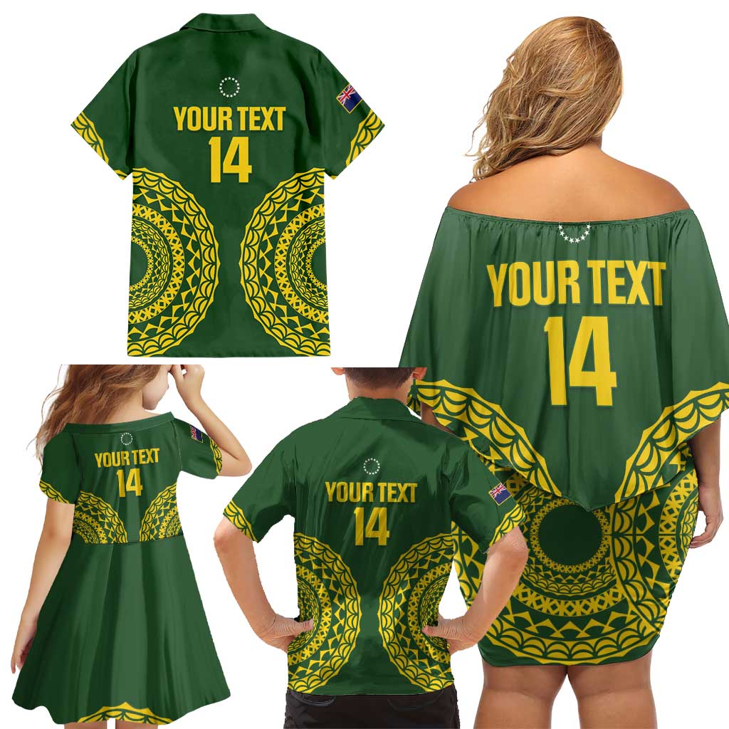 Custom Avaiki Cook Islands Rugby Family Matching Off Shoulder Short Dress and Hawaiian Shirt Kuki Airani Tatau Green - Polynesian Pride