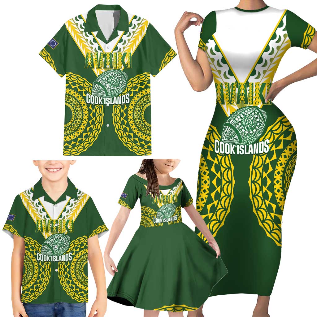 Custom Avaiki Cook Islands Rugby Family Matching Short Sleeve Bodycon Dress and Hawaiian Shirt Kuki Airani Tatau Green - Polynesian Pride
