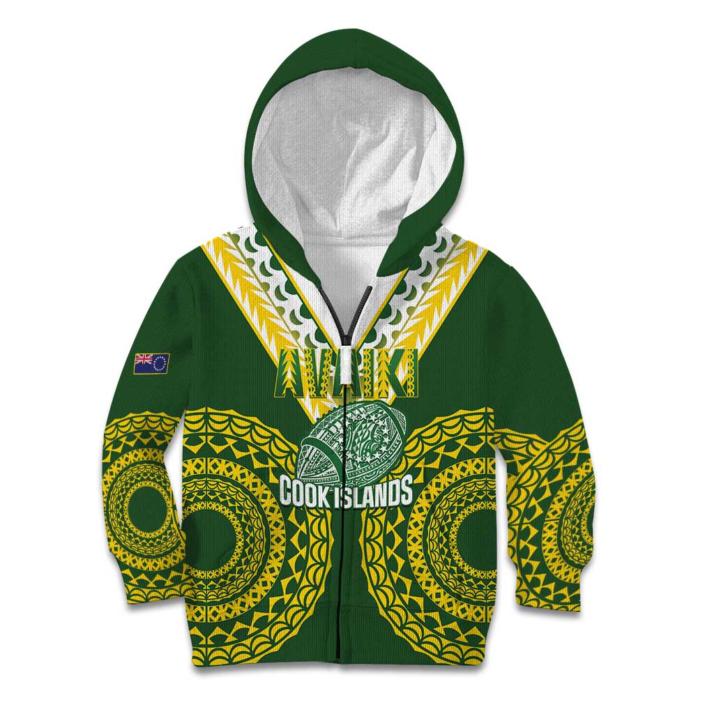 Custom Avaiki Cook Islands Rugby Kid Hoodie Kuki Airani Tatau Green LT14 Zip Hoodie Green - Polynesian Pride
