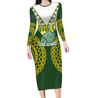 Custom Avaiki Cook Islands Rugby Long Sleeve Bodycon Dress Kuki Airani Tatau Green LT14 Long Dress Green - Polynesian Pride