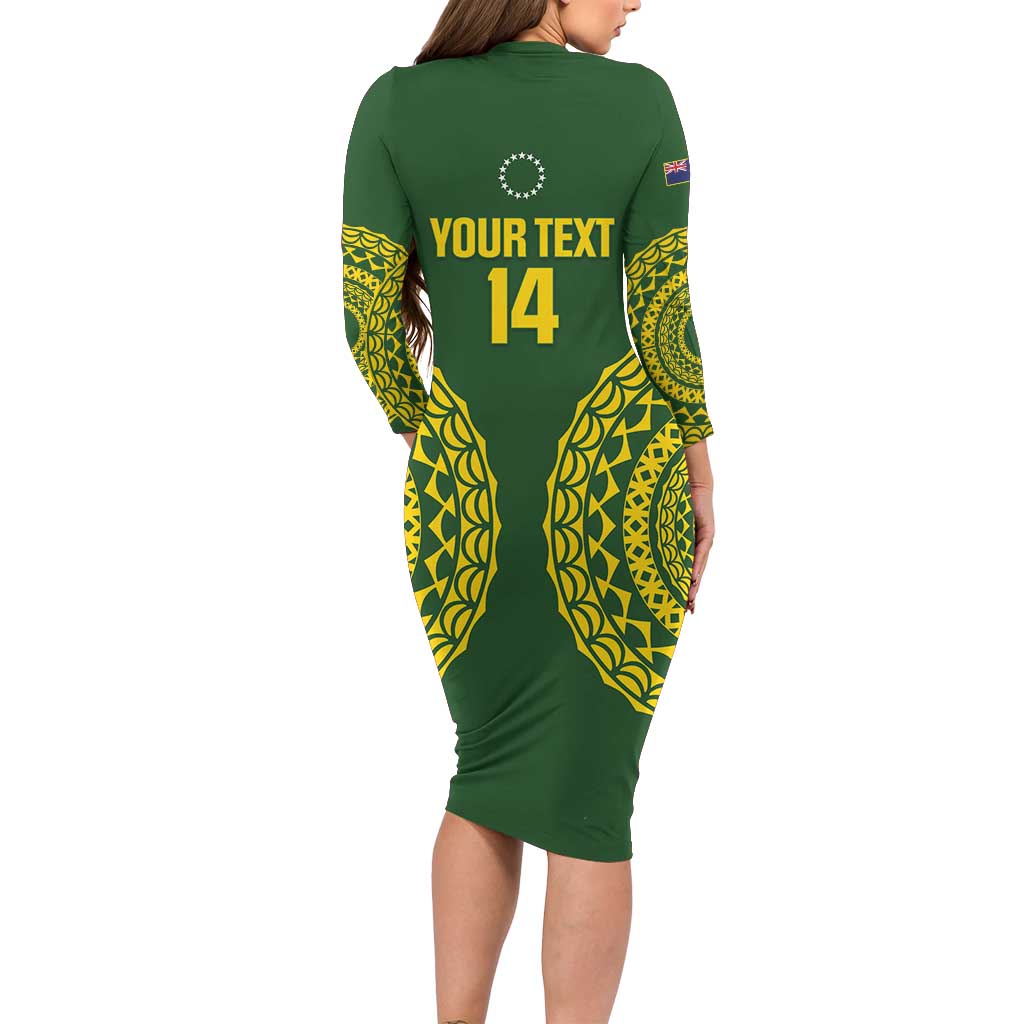 Custom Avaiki Cook Islands Rugby Long Sleeve Bodycon Dress Kuki Airani Tatau Green LT14 - Polynesian Pride