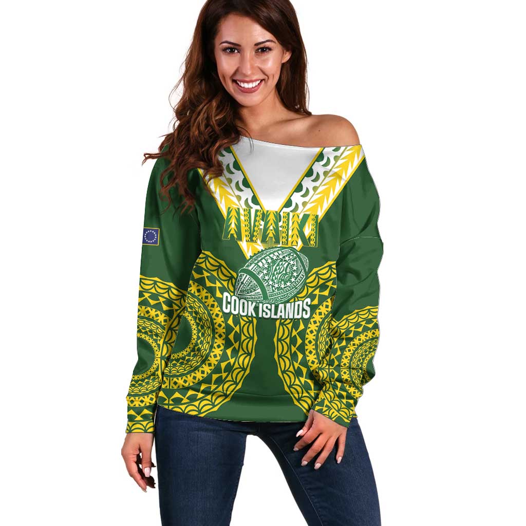 Custom Avaiki Cook Islands Rugby Off Shoulder Sweater Kuki Airani Tatau Green LT14 Women Green - Polynesian Pride