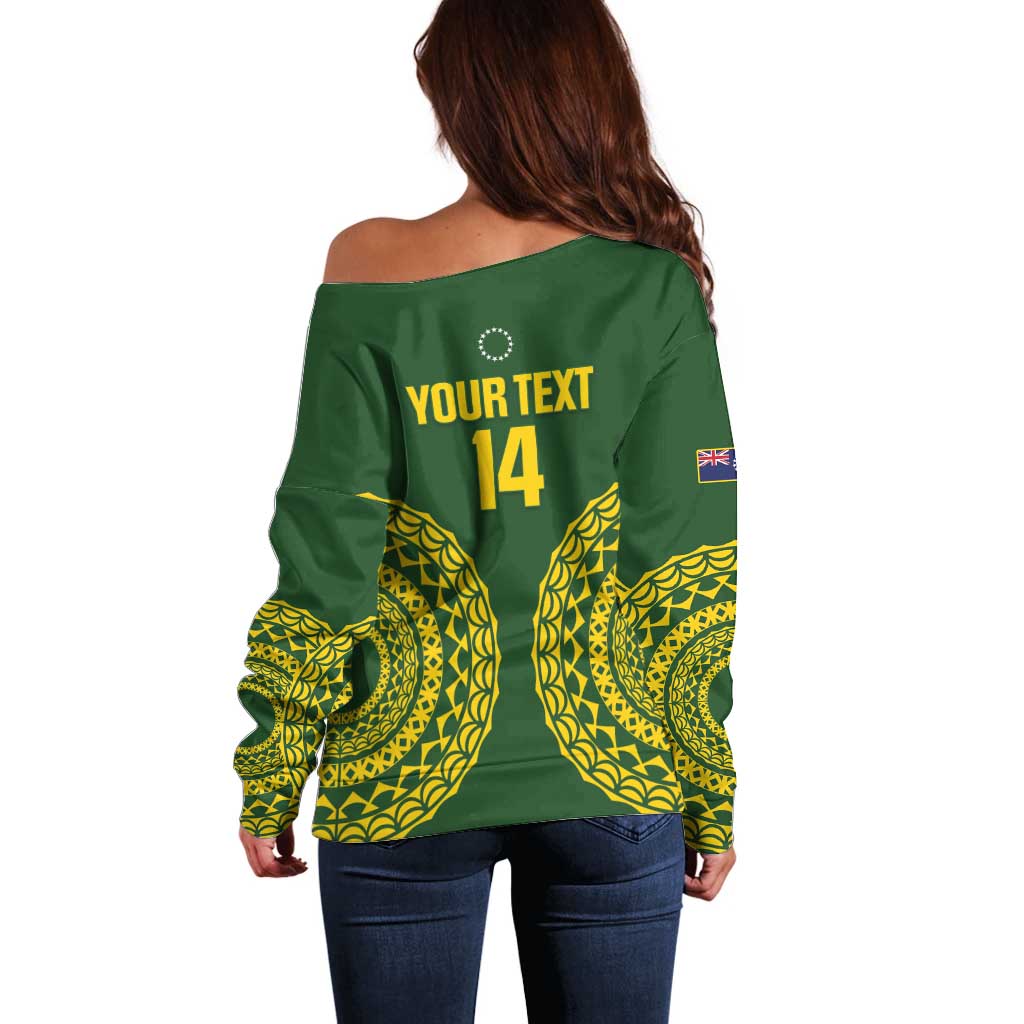 Custom Avaiki Cook Islands Rugby Off Shoulder Sweater Kuki Airani Tatau Green LT14 - Polynesian Pride