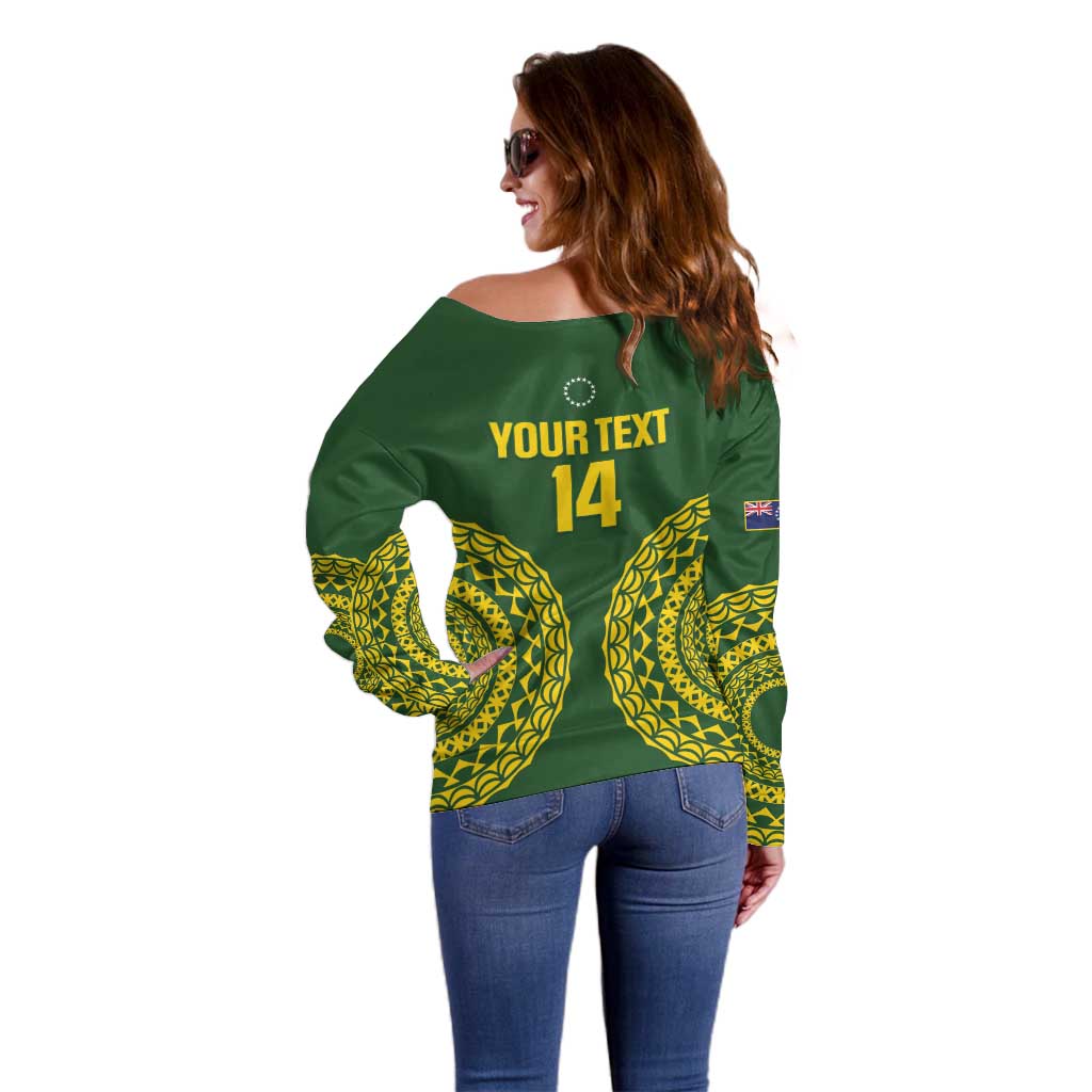Custom Avaiki Cook Islands Rugby Off Shoulder Sweater Kuki Airani Tatau Green LT14 - Polynesian Pride