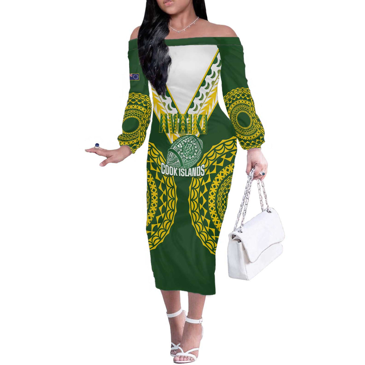 Custom Avaiki Cook Islands Rugby Off The Shoulder Long Sleeve Dress Kuki Airani Tatau Green LT14 Women Green - Polynesian Pride