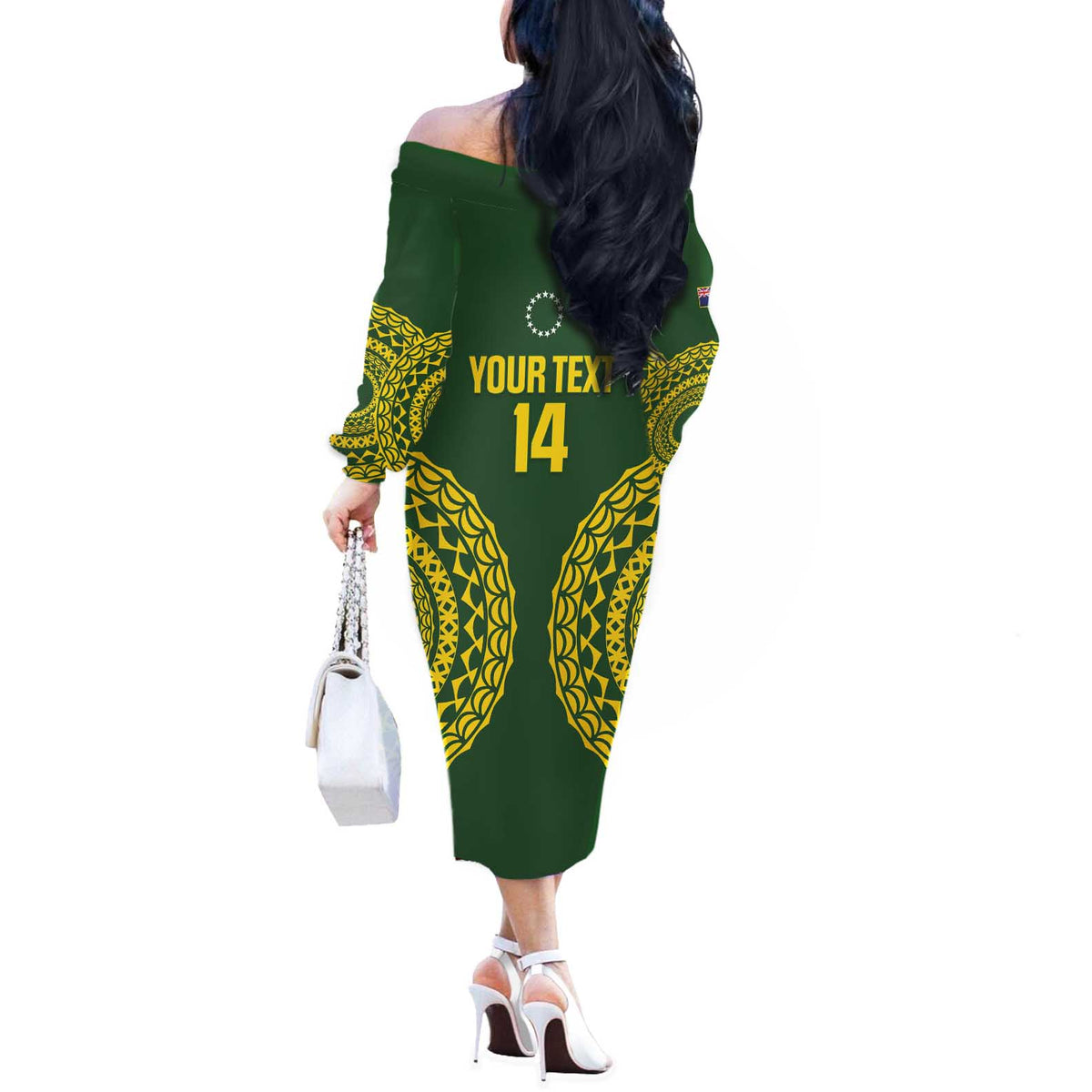 Custom Avaiki Cook Islands Rugby Off The Shoulder Long Sleeve Dress Kuki Airani Tatau Green LT14 - Polynesian Pride