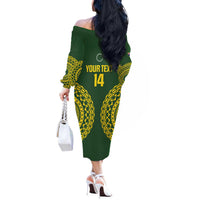 Custom Avaiki Cook Islands Rugby Off The Shoulder Long Sleeve Dress Kuki Airani Tatau Green LT14 - Polynesian Pride