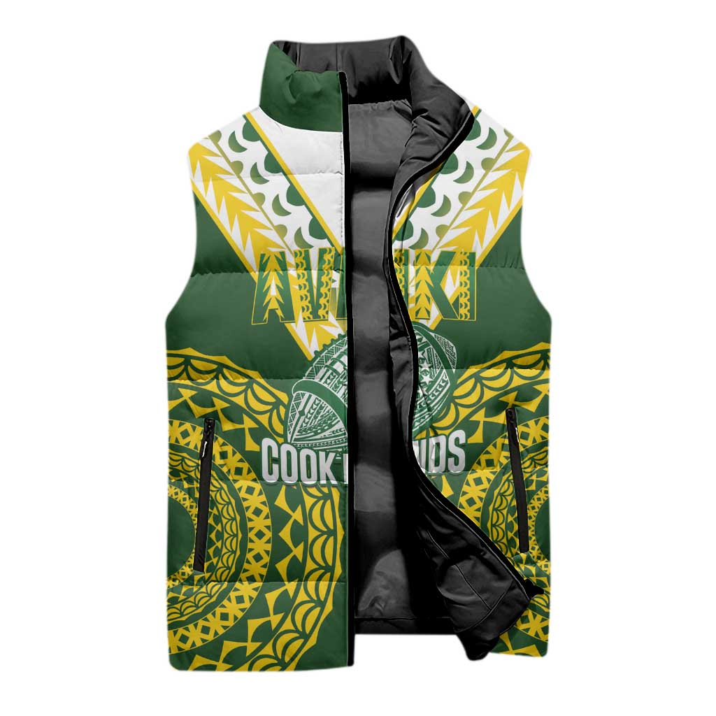 Custom Avaiki Cook Islands Rugby Sleeveless Puffer Jacket Kuki Airani Tatau Green LT14 - Polynesian Pride
