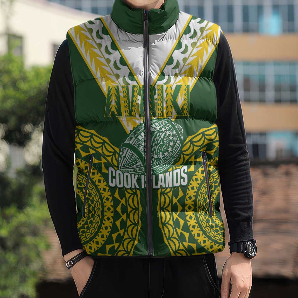 Custom Avaiki Cook Islands Rugby Sleeveless Puffer Jacket Kuki Airani Tatau Green LT14 - Polynesian Pride