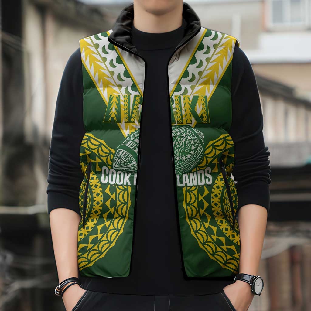 Custom Avaiki Cook Islands Rugby Sleeveless Puffer Jacket Kuki Airani Tatau Green LT14 - Polynesian Pride