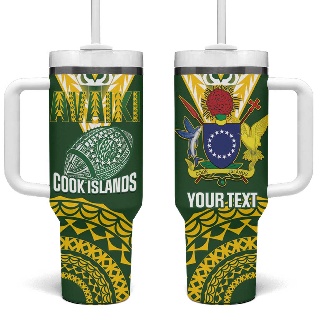 Custom Avaiki Cook Islands Rugby Tumbler With Handle Kuki Airani Tatau Green LT14 One Size: 40 oz Green - Polynesian Pride