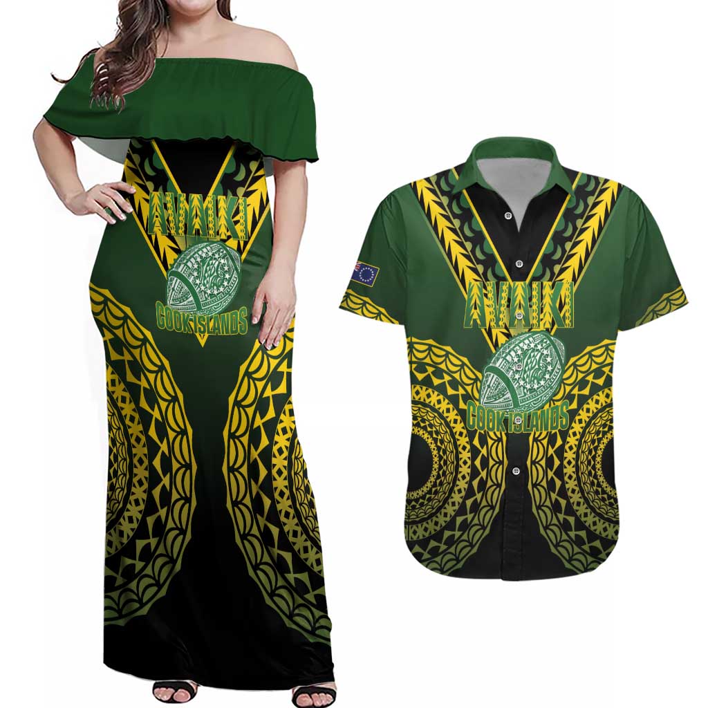 Custom Avaiki Cook Islands Rugby Couples Matching Off Shoulder Maxi Dress and Hawaiian Shirt Kuki Airani Tatau Black - Polynesian Pride