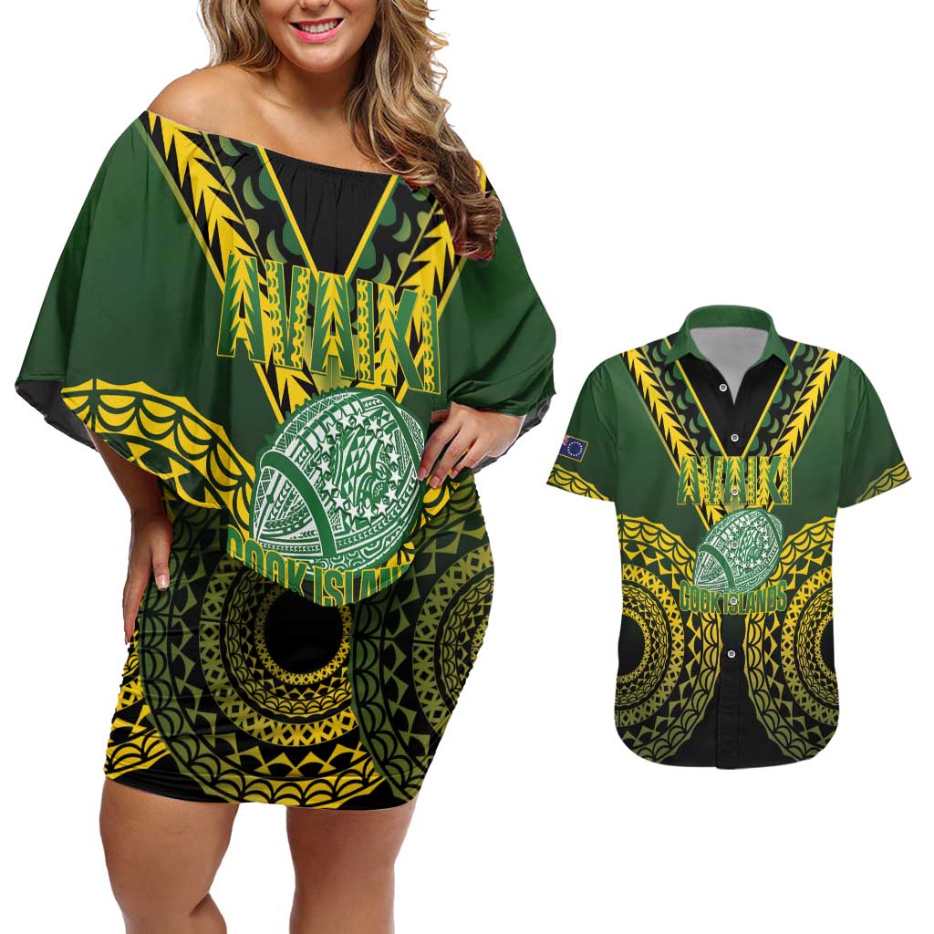 Custom Avaiki Cook Islands Rugby Couples Matching Off Shoulder Short Dress and Hawaiian Shirt Kuki Airani Tatau Black LT14 Black - Polynesian Pride