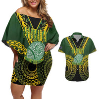 Custom Avaiki Cook Islands Rugby Couples Matching Off Shoulder Short Dress and Hawaiian Shirt Kuki Airani Tatau Black LT14 Black - Polynesian Pride