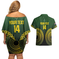 Custom Avaiki Cook Islands Rugby Couples Matching Off Shoulder Short Dress and Hawaiian Shirt Kuki Airani Tatau Black LT14 - Polynesian Pride