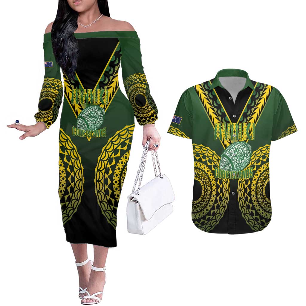 Custom Avaiki Cook Islands Rugby Couples Matching Off The Shoulder Long Sleeve Dress and Hawaiian Shirt Kuki Airani Tatau Black LT14 Black - Polynesian Pride
