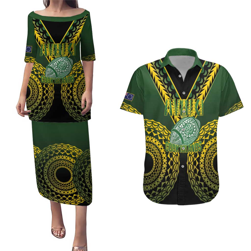 Custom Avaiki Cook Islands Rugby Couples Matching Puletasi and Hawaiian Shirt Kuki Airani Tatau Black - Polynesian Pride