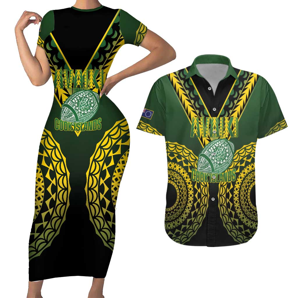 Custom Avaiki Cook Islands Rugby Couples Matching Short Sleeve Bodycon Dress and Hawaiian Shirt Kuki Airani Tatau Black LT14 Black - Polynesian Pride