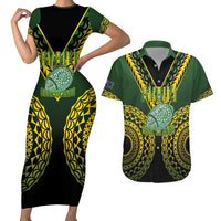 Custom Avaiki Cook Islands Rugby Couples Matching Short Sleeve Bodycon Dress and Hawaiian Shirt Kuki Airani Tatau Black LT14 Black - Polynesian Pride