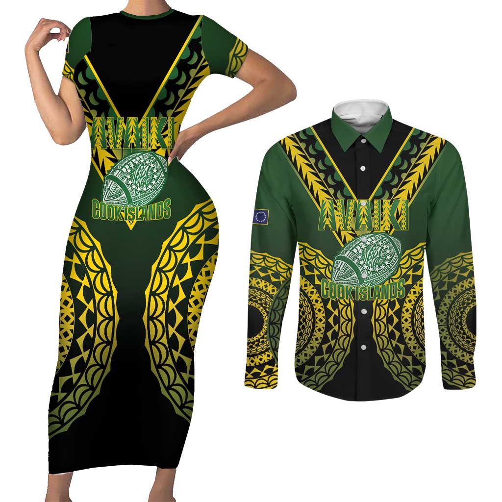 Custom Avaiki Cook Islands Rugby Couples Matching Short Sleeve Bodycon Dress and Long Sleeve Button Shirt Kuki Airani Tatau Black LT14 Black - Polynesian Pride