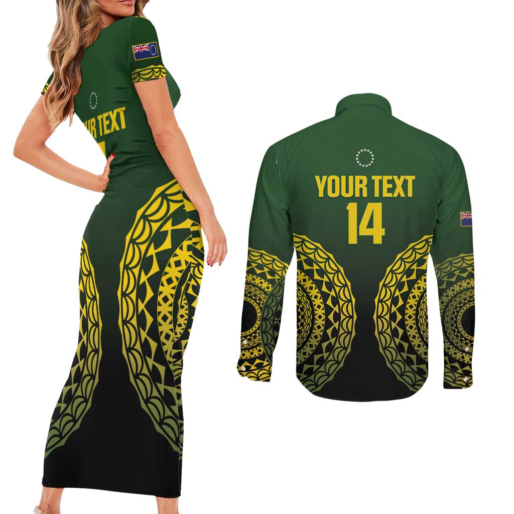 Custom Avaiki Cook Islands Rugby Couples Matching Short Sleeve Bodycon Dress and Long Sleeve Button Shirt Kuki Airani Tatau Black LT14 - Polynesian Pride