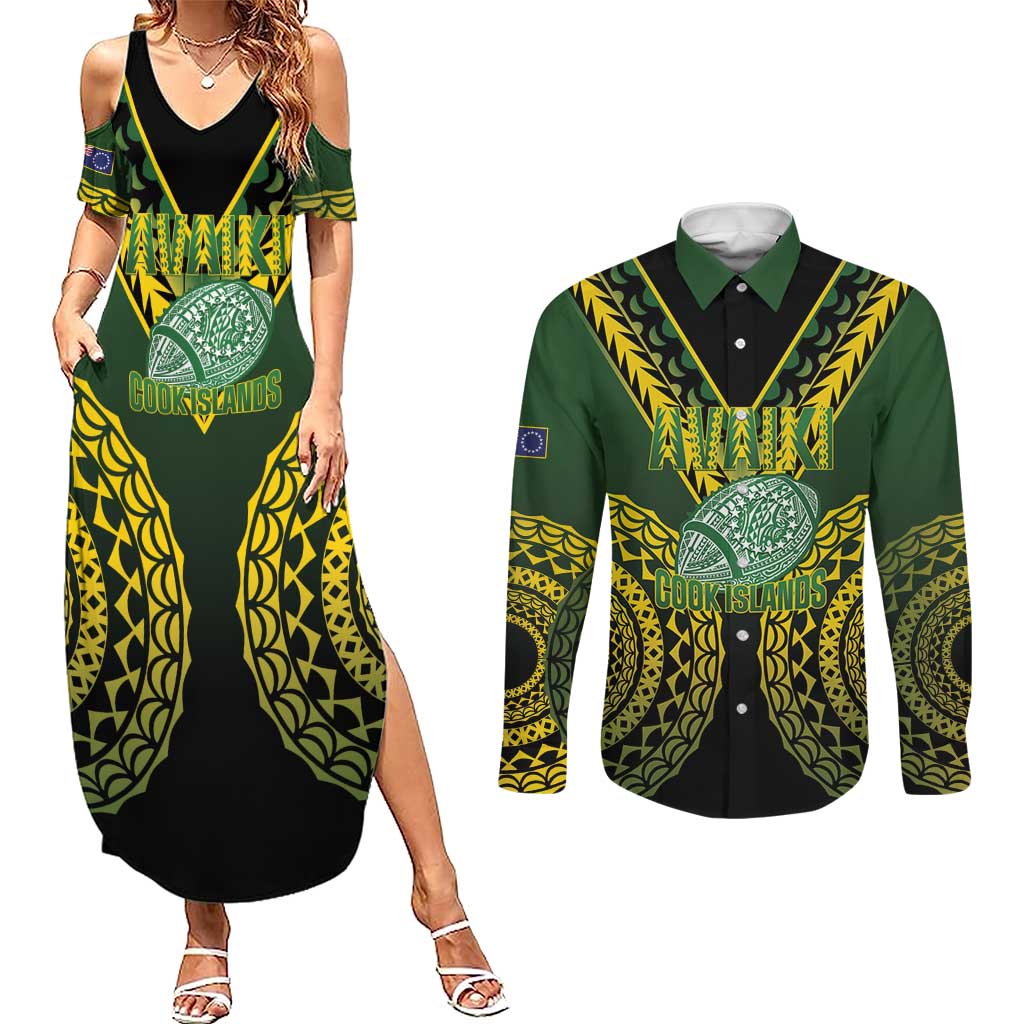 Custom Avaiki Cook Islands Rugby Couples Matching Summer Maxi Dress and Long Sleeve Button Shirt Kuki Airani Tatau Black - Polynesian Pride