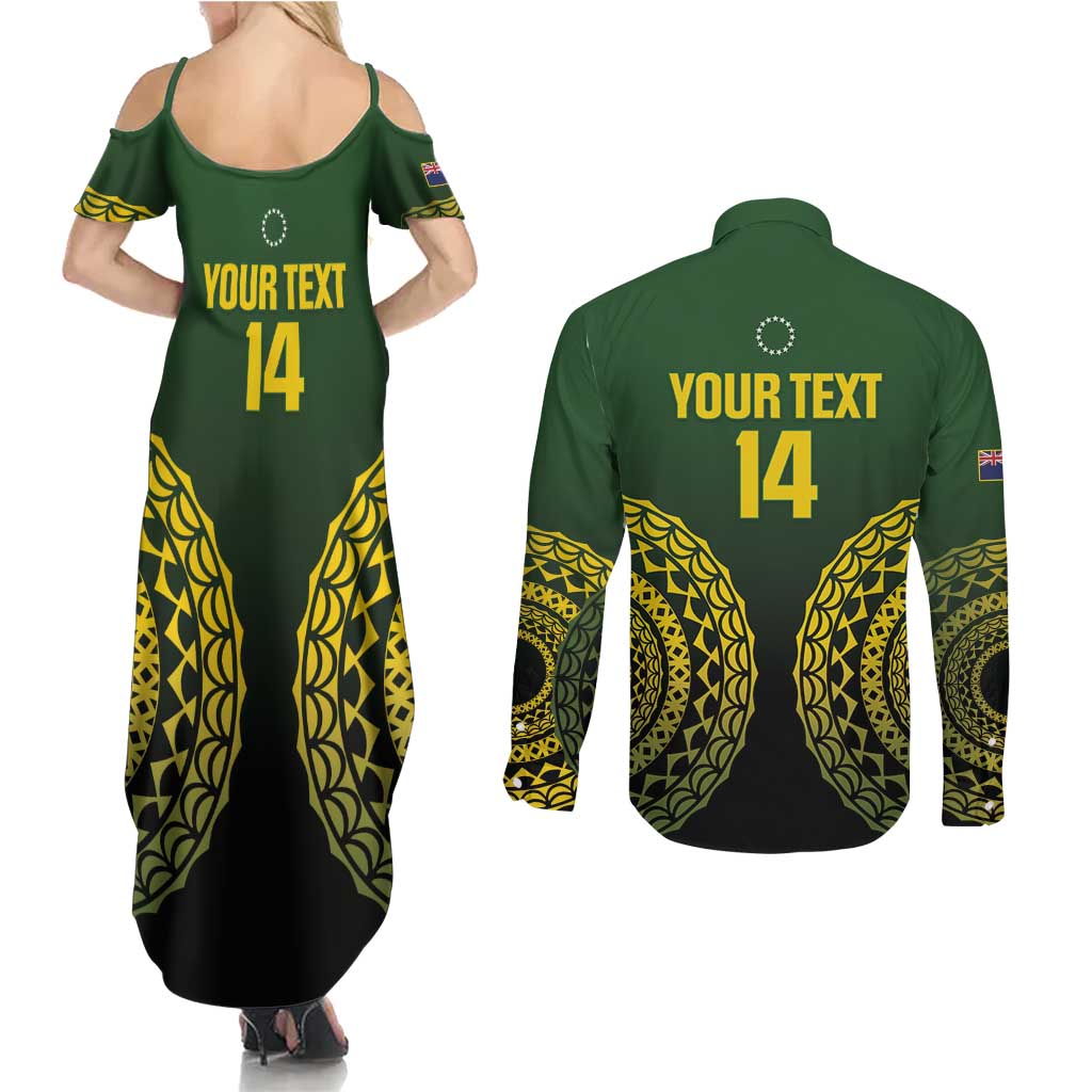 Custom Avaiki Cook Islands Rugby Couples Matching Summer Maxi Dress and Long Sleeve Button Shirt Kuki Airani Tatau Black - Polynesian Pride