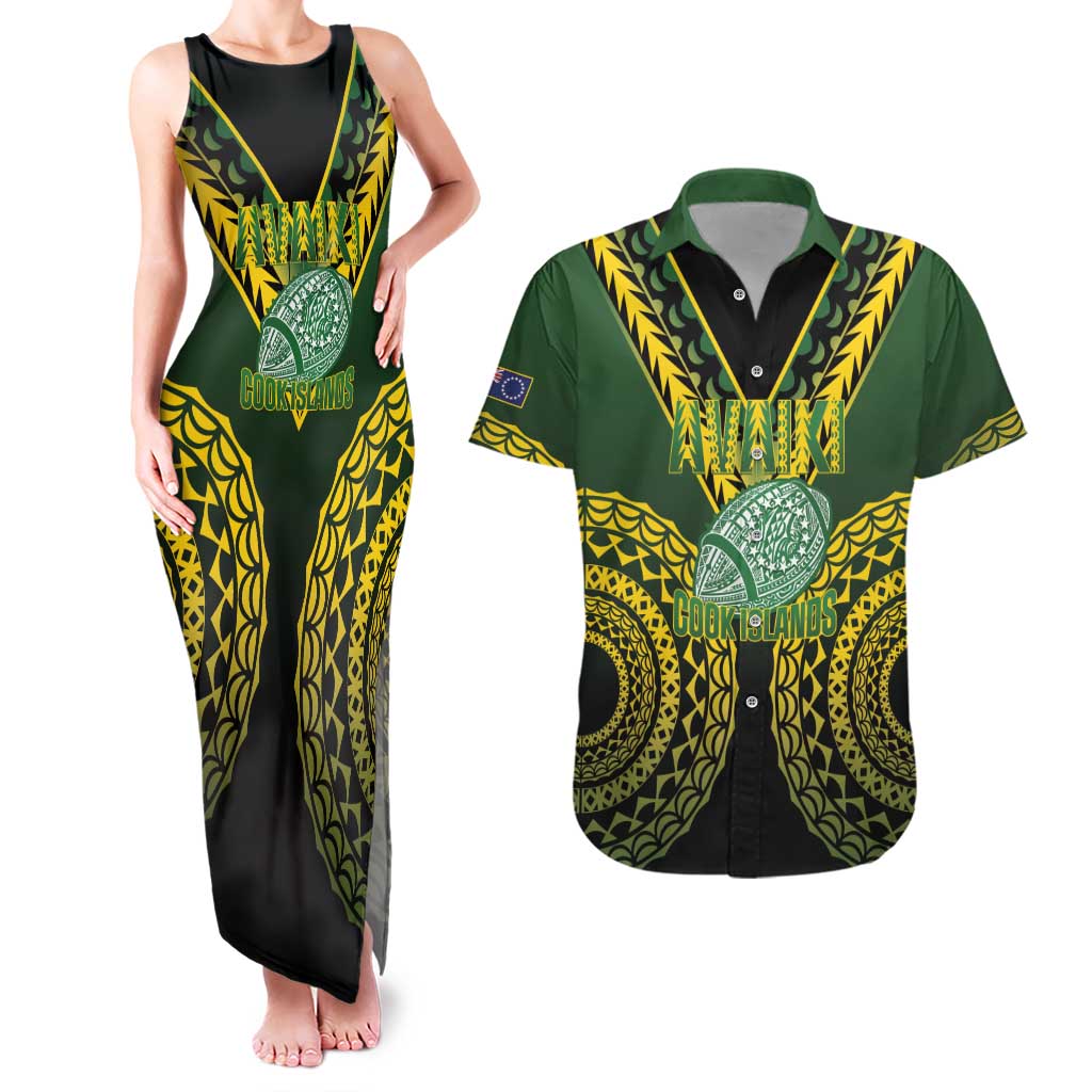 Custom Avaiki Cook Islands Rugby Couples Matching Tank Maxi Dress and Hawaiian Shirt Kuki Airani Tatau Black - Polynesian Pride