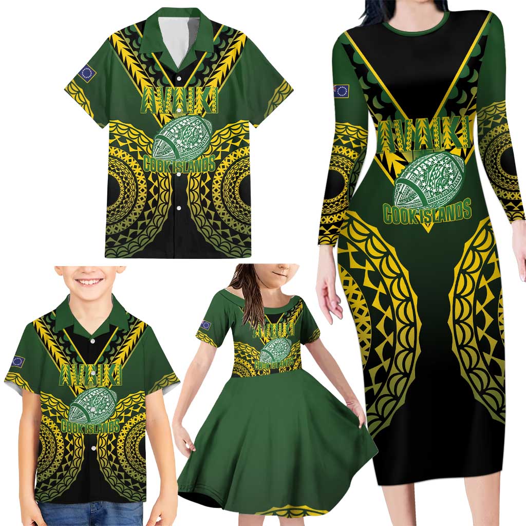 Custom Avaiki Cook Islands Rugby Family Matching Long Sleeve Bodycon Dress and Hawaiian Shirt Kuki Airani Tatau Black - Polynesian Pride