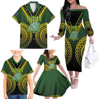 Custom Avaiki Cook Islands Rugby Family Matching Off The Shoulder Long Sleeve Dress and Hawaiian Shirt Kuki Airani Tatau Black - Polynesian Pride